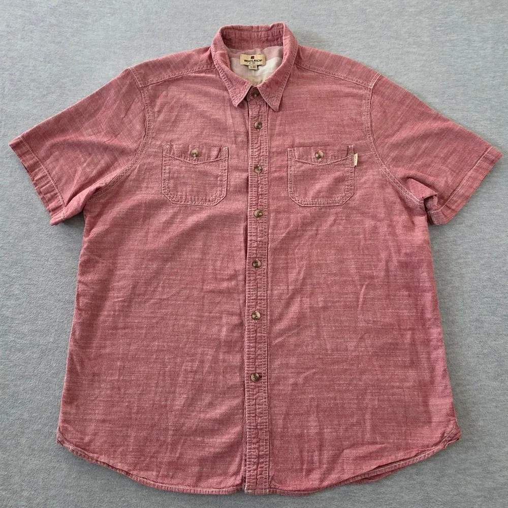 Woolrich Mens XL Red Heathered Cotton Short Sleeve Button Down Work Shirt - Picture 2 of 8